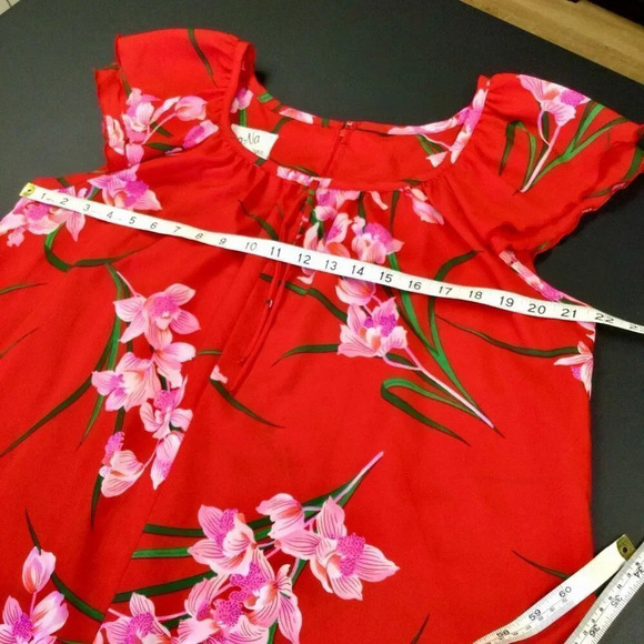 Vintage Jana Womens Red Multi Floral Flutter Sleeve Hawaiian Midi Dress Size 10 - Picture 7 of 10